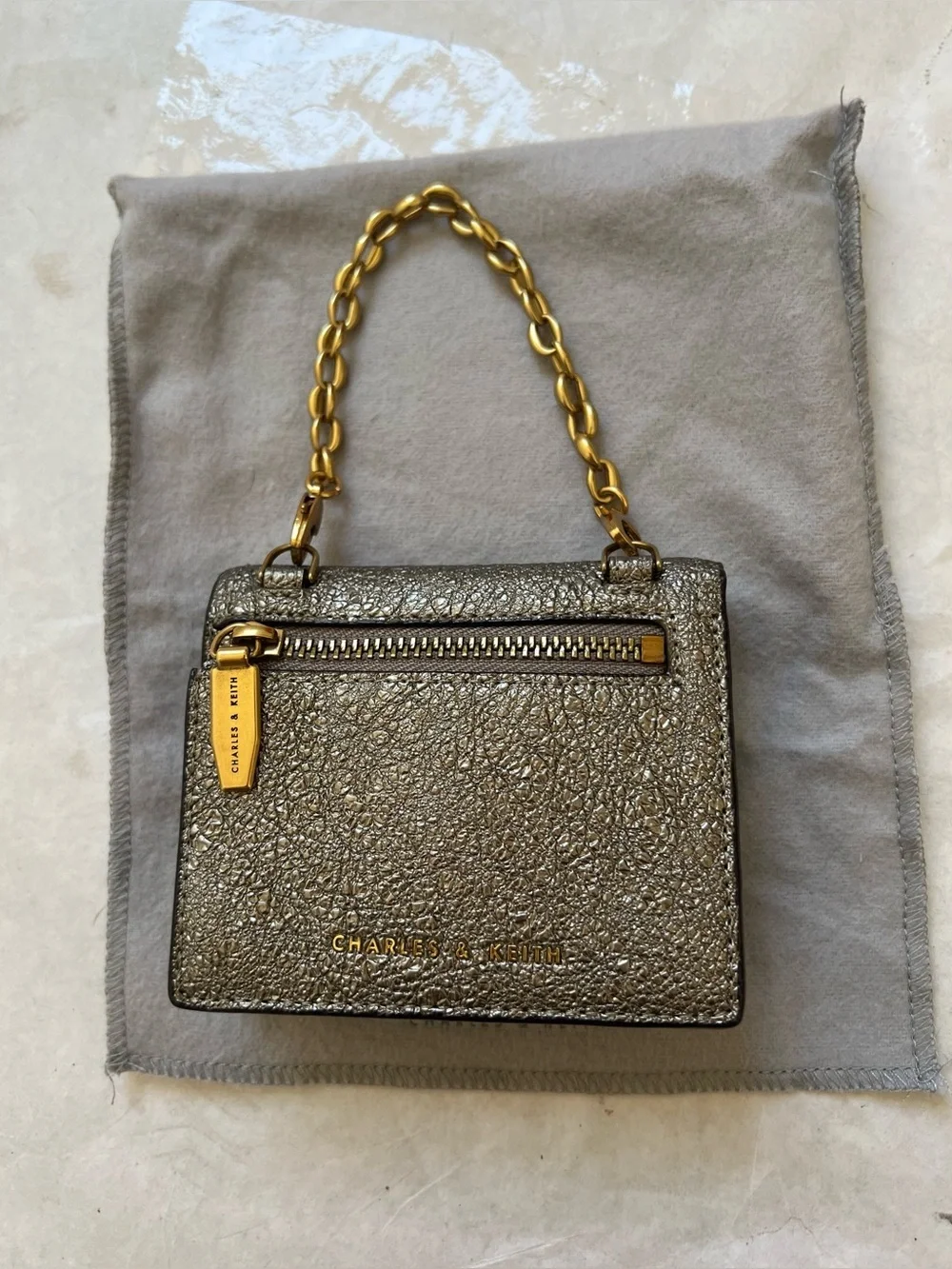 New Charles & Keith Small Crinkled Metallic Silver Wallet or Mini Bag Gold Accen